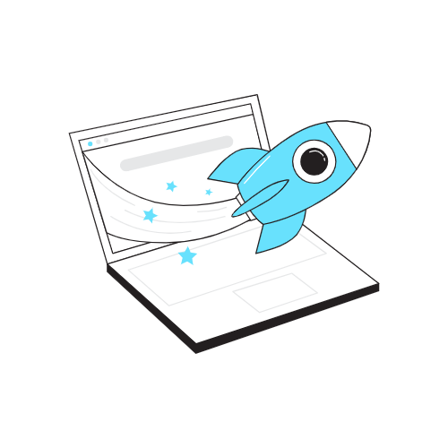 Laptop illustration with small rocket bursting from its screen.
