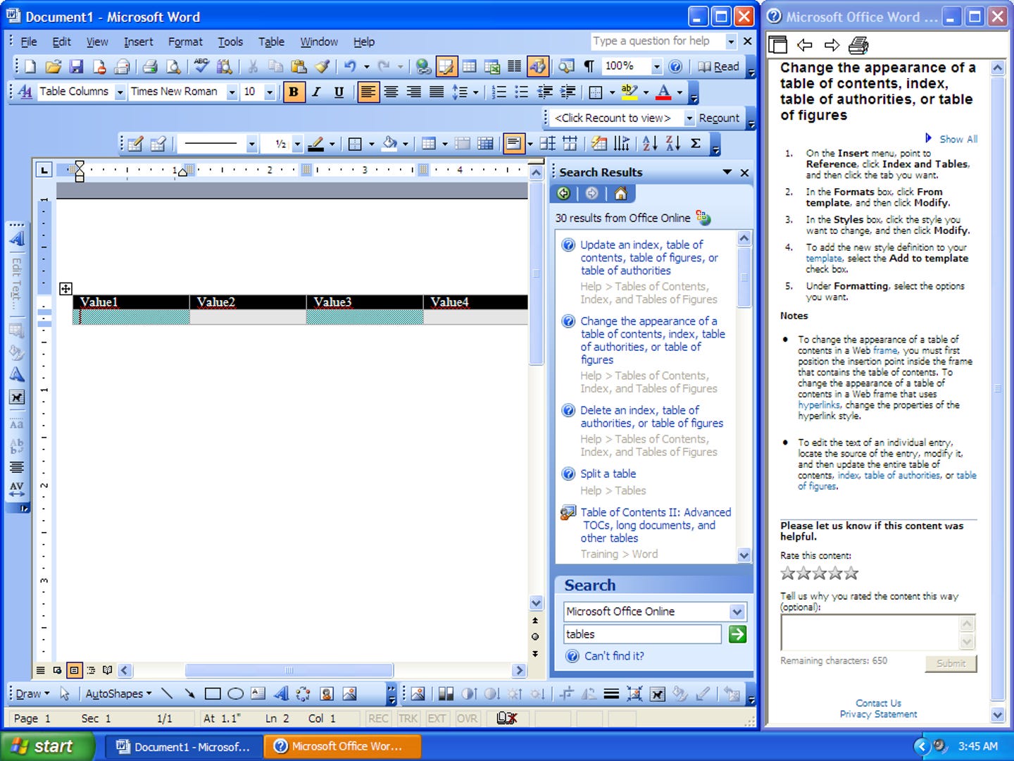 Word 2003 showing much more of the user interface including the new help pane.