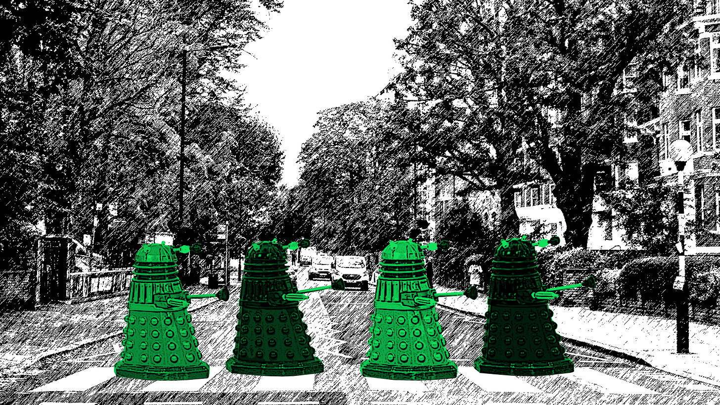 Four Daleks crossing Abbey Road