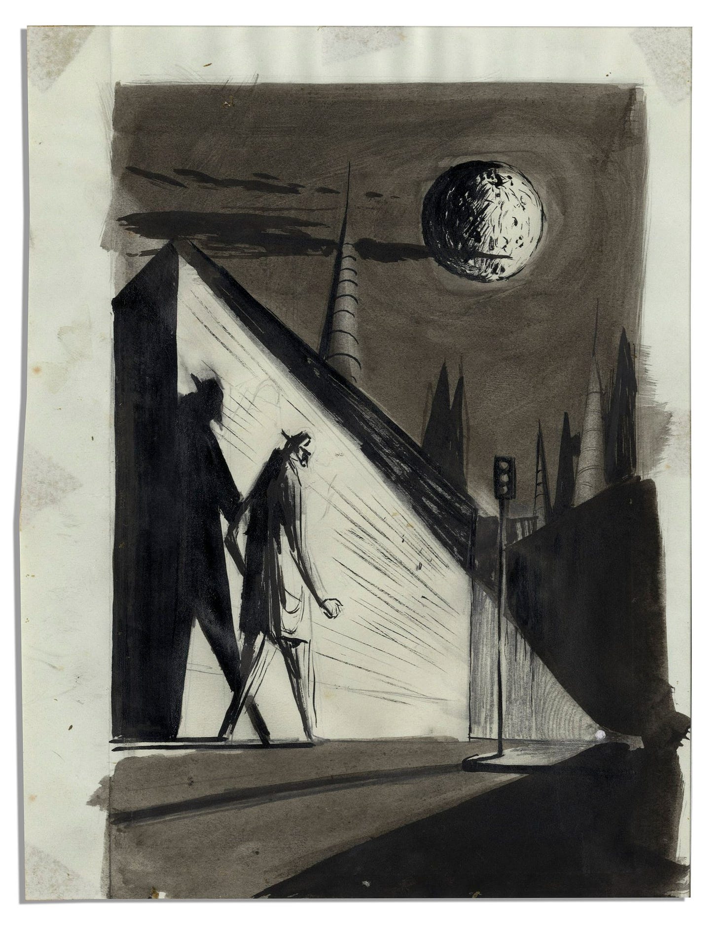 Drawing of a man walking on a shadowy street under the moon