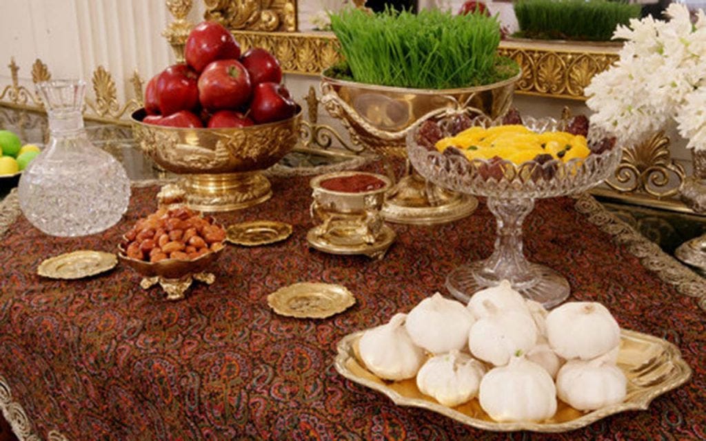 Nowruz half-seen table with symbolic foods displayed
