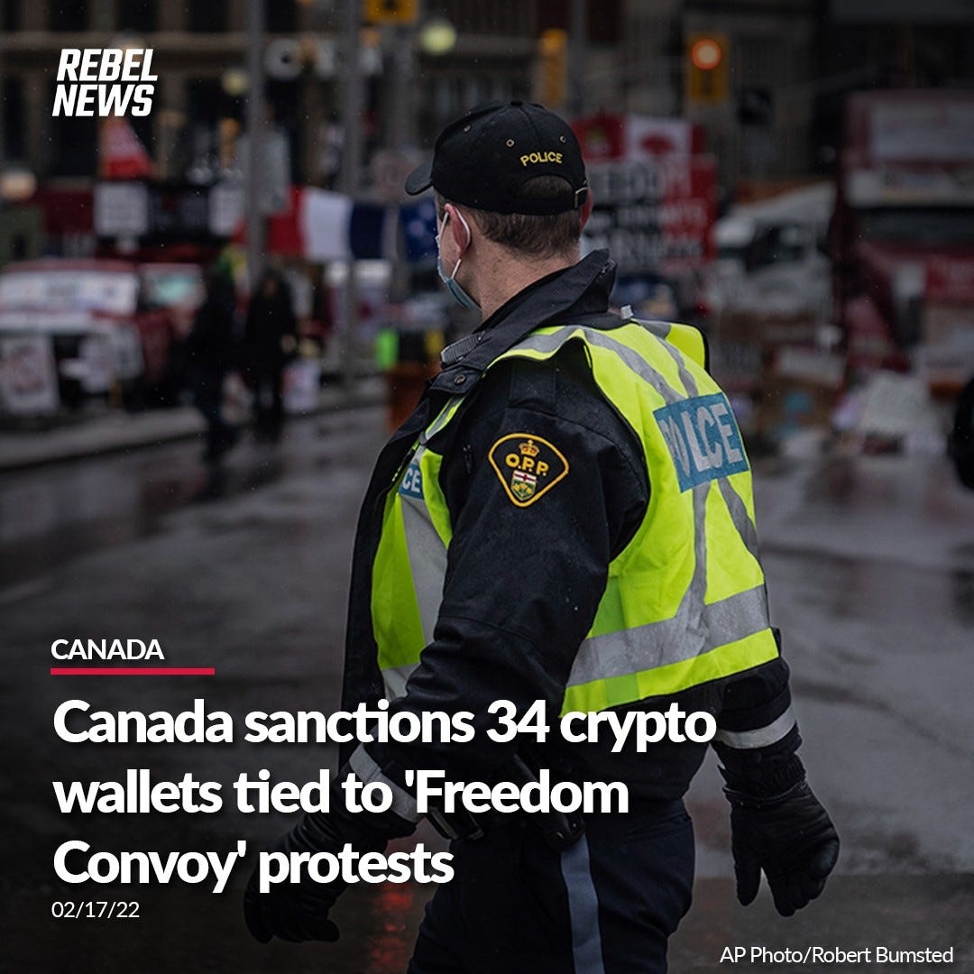 REBEL 
NEWS. 
CANADA 
Canada sanctons34 rypto 
wallets tied to 'Freedom 
Convoy' pmtests 
02/17/22 
AP Photo/Robert Bumsted 