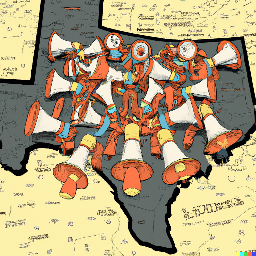 “A map of Texas full of megaphones, digital art” / DALL-E
