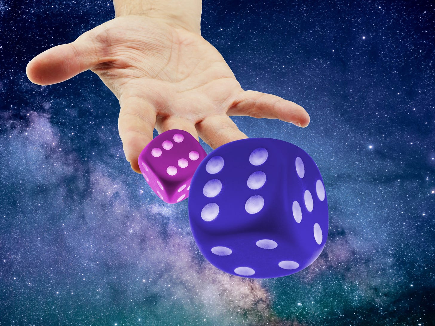 A hand throws dice against a cosmic backdrop with stars