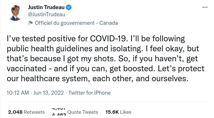 Trudeau tests positive again