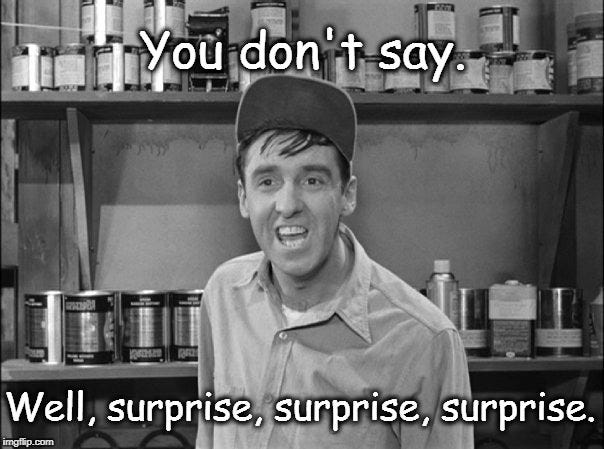 Surprise, Surprise, Surprise | You don't say. Well, surprise, surprise, surprise. | image tagged in surprise,gomer pyle | made w/ Imgflip meme maker Surprise, Surprise, Surprise | You don't say. Well, surprise, surprise, surprise. | image tagged in surprise,gomer pyle | made w/ Imgflip meme maker