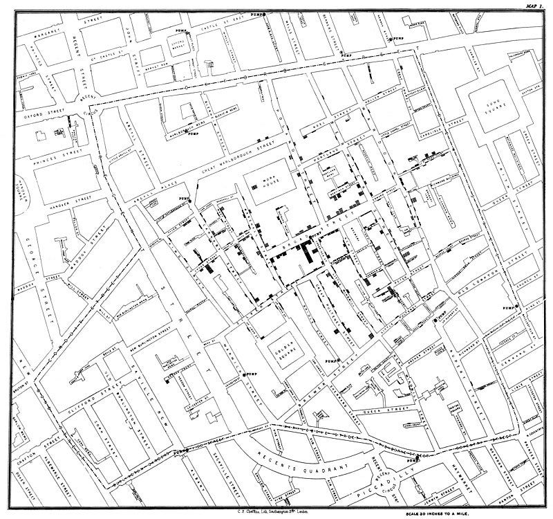 A classic map of a part of London, with some buildings shaded in black. Can you tell what it is yet?