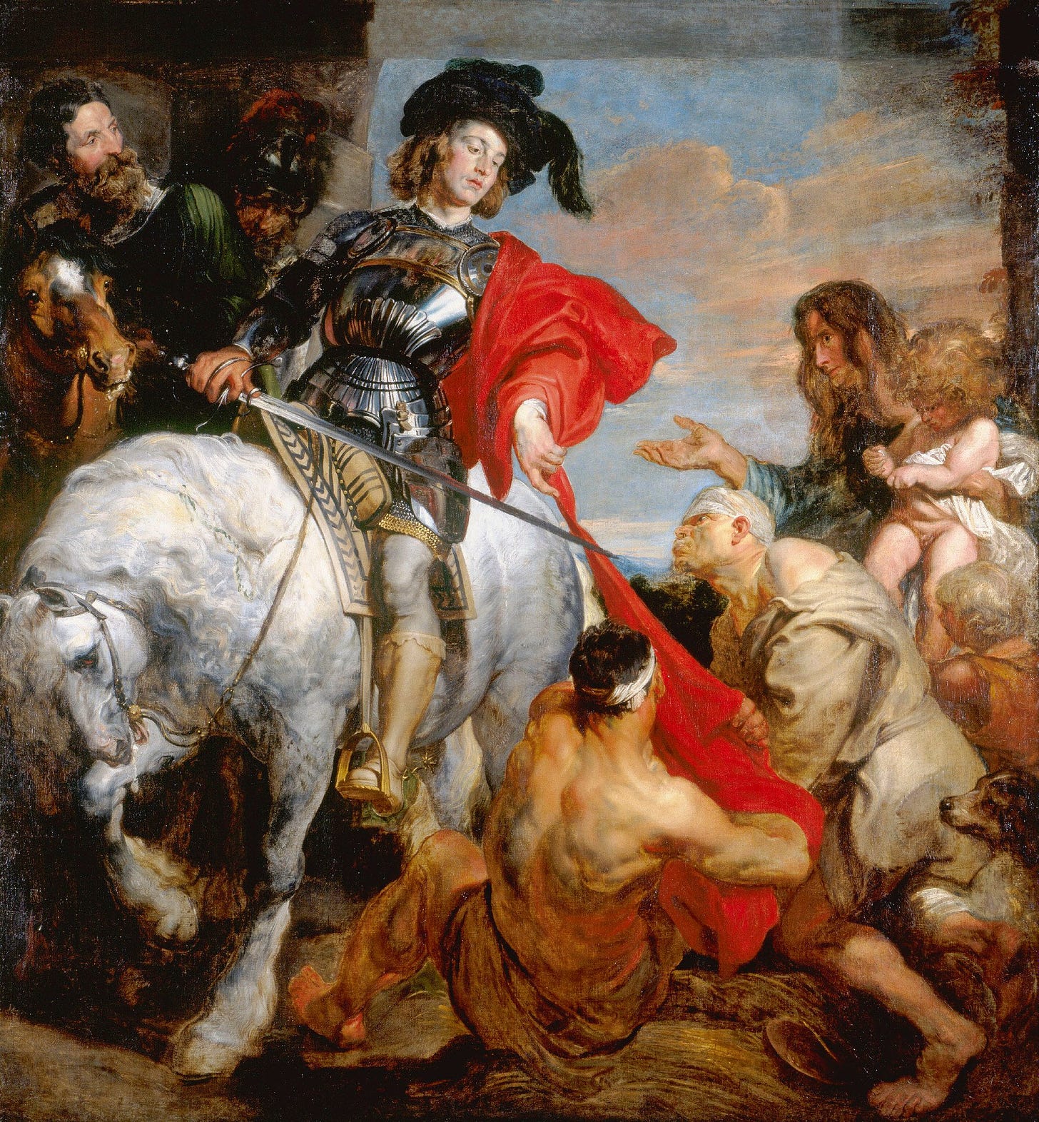 Martin in armor on horseback, slicing a red cloak in two to give to a beggar at the roadside