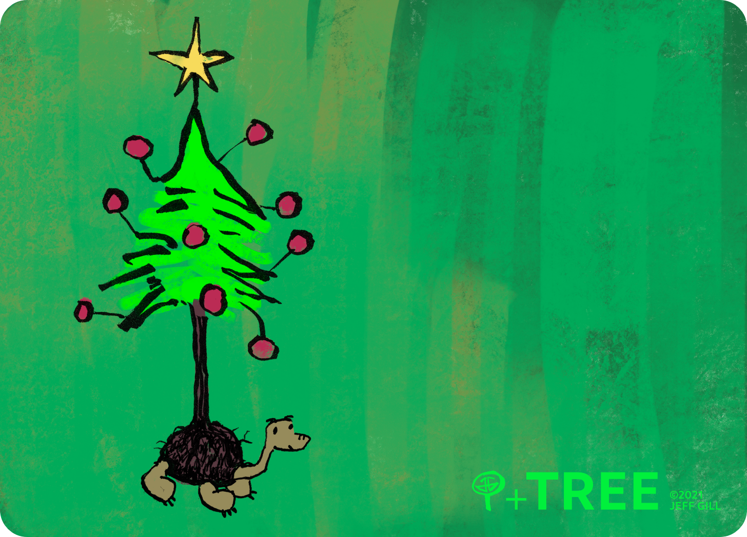 An illustration of a Christmas tree on the back of a tortoise