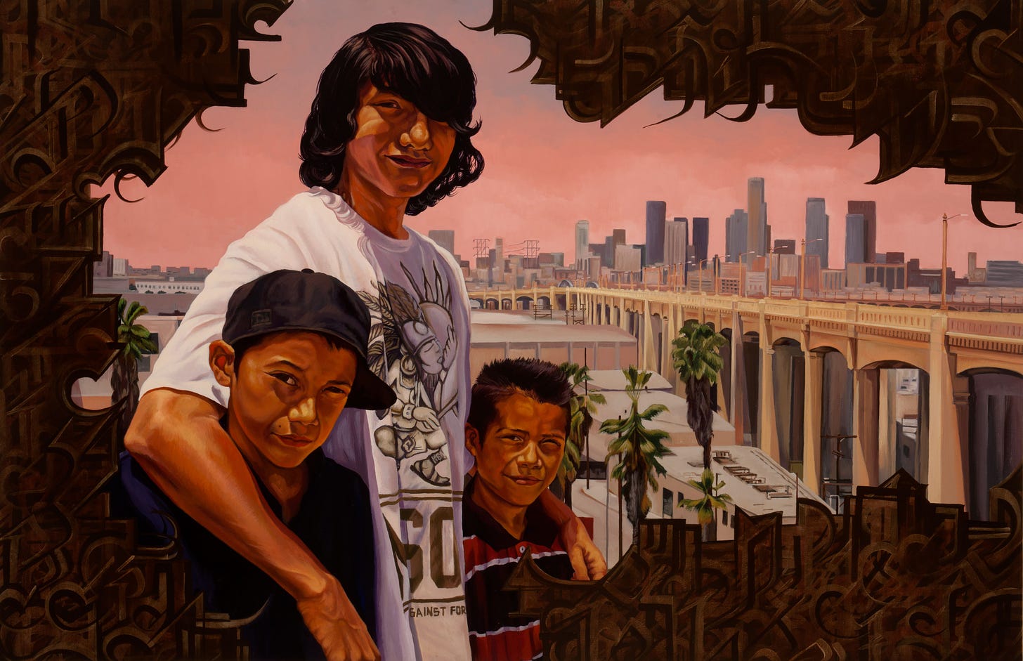 Painting of three boys with LA skyline