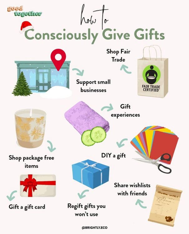 A graphic on 'how to consciously give gifts' with options: support local businesses, shop package-free, gifts a gift card, regift your gifts, DIY a gift, buy FairTrade and share wishlists with friends