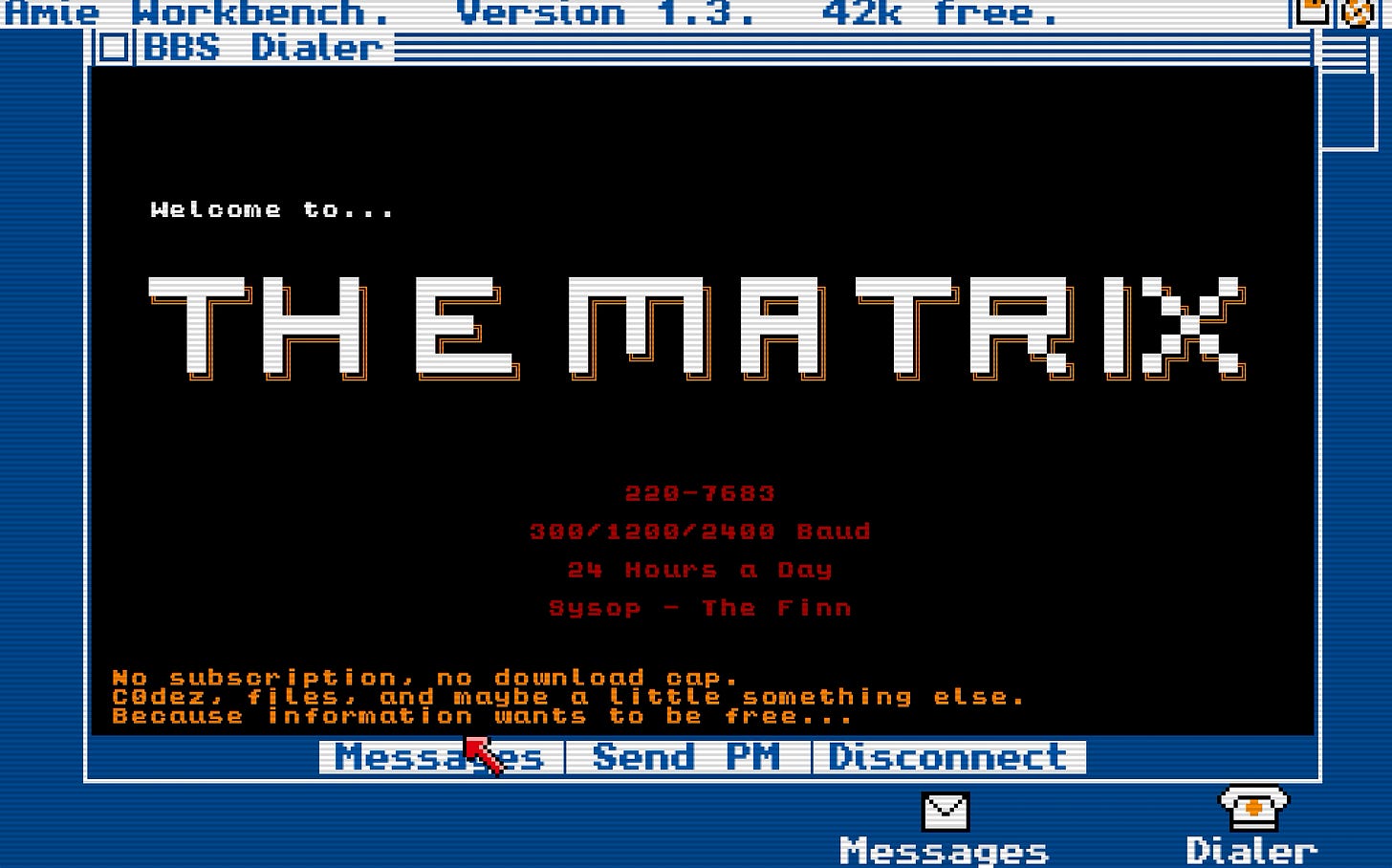 A screenshot from Digital A Love Story, showing the login screen of a fictional BBS called "The Matrix," with the text "No subscription, no download cap. Codez, files, and maybe a little something else. Because information wants to be free..."