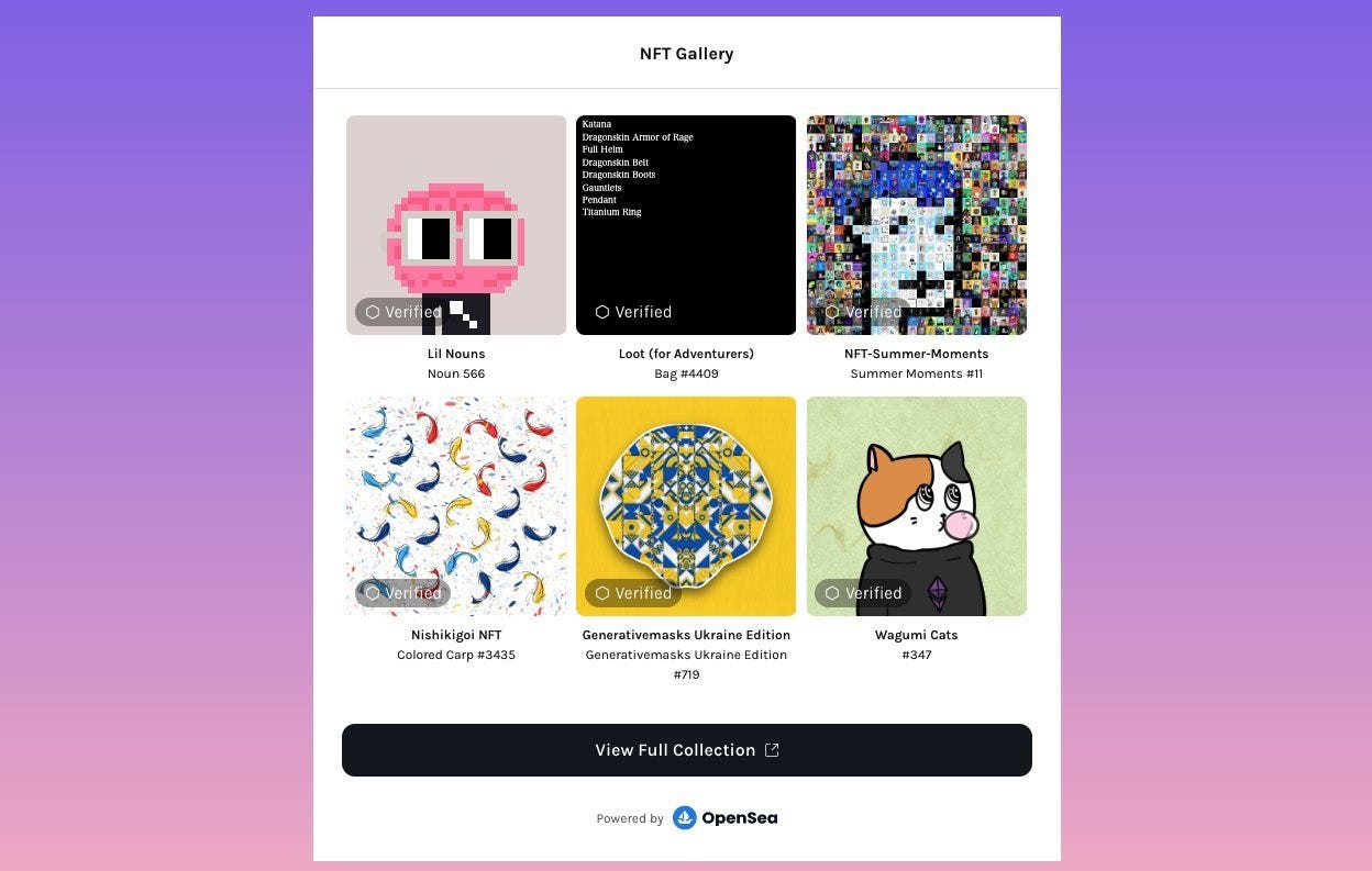 、「NFTGalery NFT Gallery Verified Veri ied LilN Nouns Noun 566 fied Loot for Adventurers) Bag #4409 NFT-Summer-Moments Summer Moments #11 Verified Verified Nishikigoi NFT Colored Carp #3435 er Generativemasks Ukraine Edition Generativemasks Ukraine Edition #719 Wagumi Cats #347 View Full Collection Poweredby OpenSea」というテキストのイラストのようです