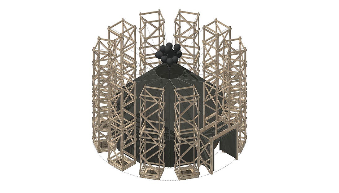 A digital rendering from an overhead view of a black structure that is surrounded by eleven wooden scaffold towers. A system of cables holds up the top of the structure, which is an oculus through which a bundle of black balloons floats.