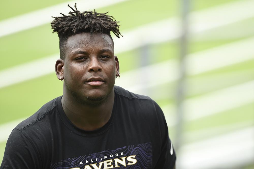 FILE -Baltimore Ravens rookie linebacker Jaylon Ferguson walks off the field after an NFL Football rookie camp, Saturday, May 4, 2019, in Owings Mills, Md. Ravens linebacker Jaylon Ferguson has died at age 26, his agent confirmed Wednesday, June 22, 2022. (AP Photo/Gail Burton, File)