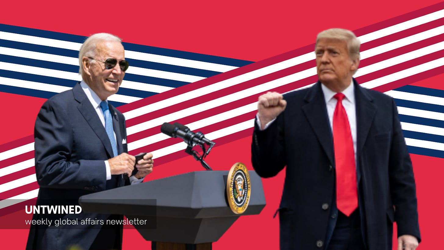 US President Joe Biden (left) and former president Donald Trump (Original images: Official White House photos by Adam Schultz and Shealah Craighead, public domain; modified for collage)