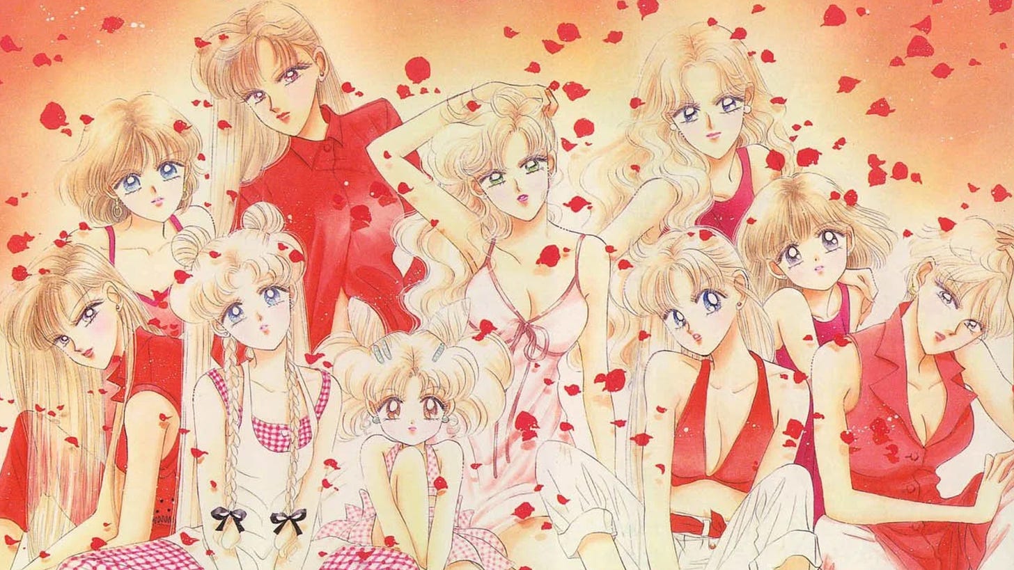 Sailor Scouts Guardians in red dresses and suits with flower petals falling around them