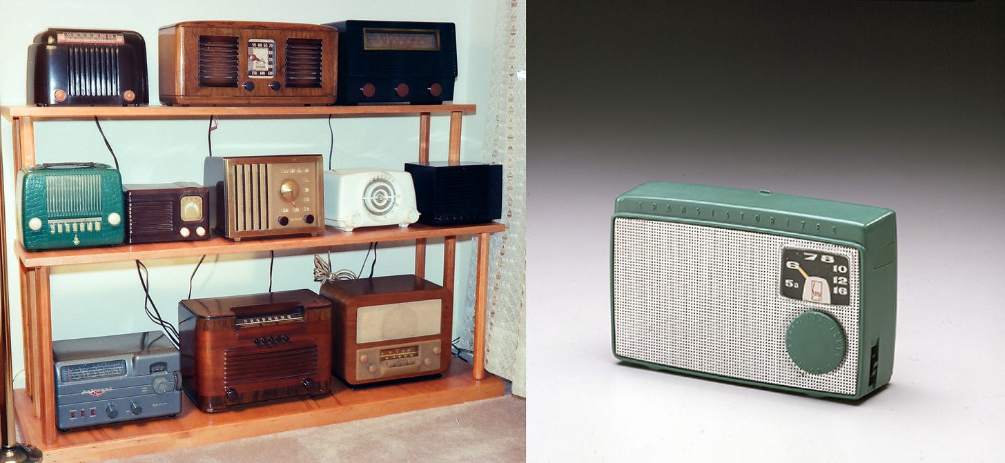 Expensive vacuum tube radios vs. Affordable transistor radio from Sony in 1950s