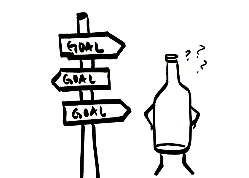 An anthropomorphic wine bottle is confused about goals