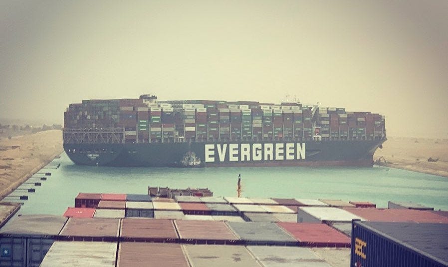 Picture of container ship with the owner's name "EVERGREEN" prominently visible