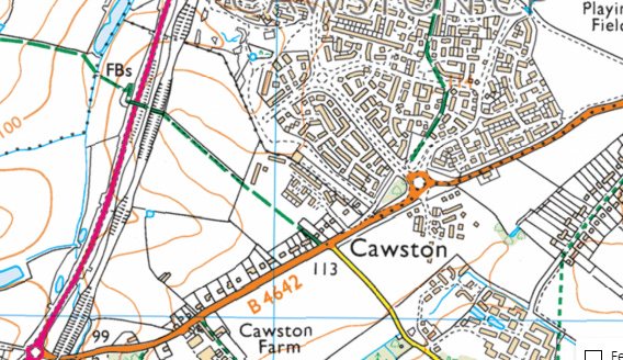 Footpath R165 in Cawston (c) Ordnance Survey