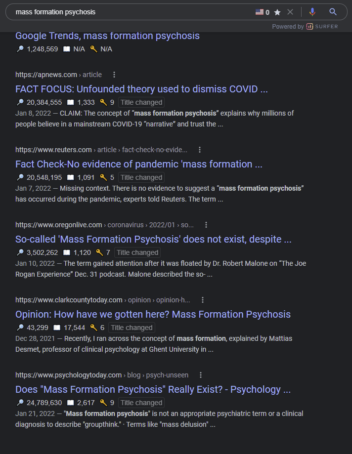 Snip of Google search result for mass formation psychosis 