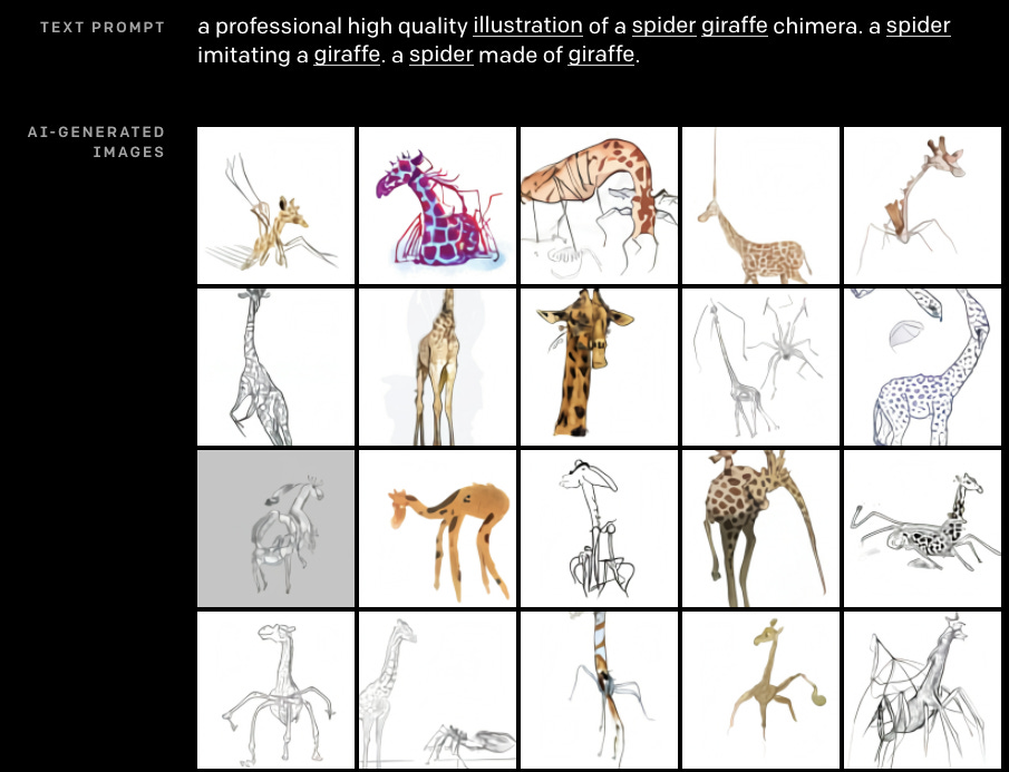 Prompt: "A professional high quality illustration of a spider giraffe chimera. A spider imitating a giraffe. A spider made of giraffe. Result: giraffe spiders are mostly head and body of a giraffe with a tangle of angular legs. sometimes the legs also emerge from the giraffe's head
