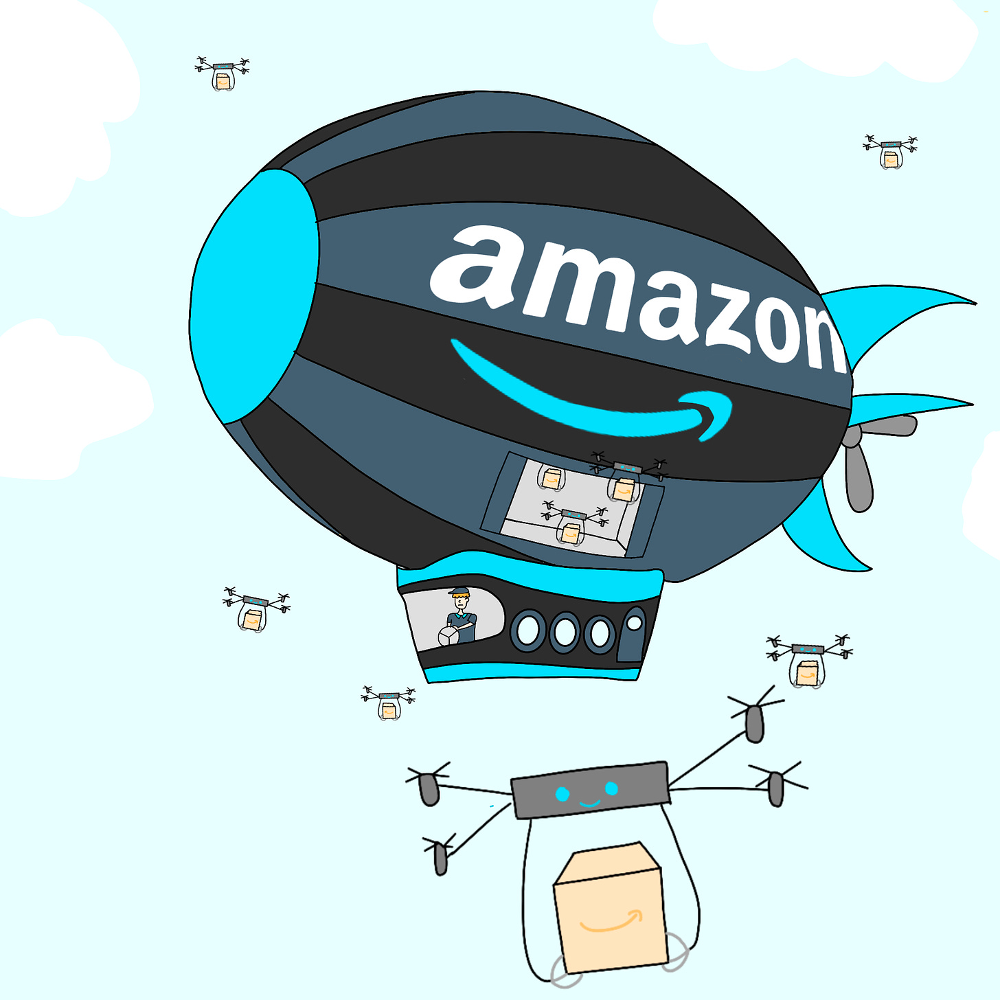 Panel 4: A flying Amazon warehouse and drones carrying packages are shown in the sky.