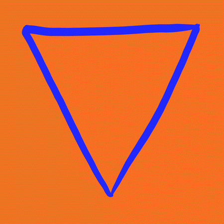 An animated loop of a digital drawing of blue triangles on an orange background, cycling through the alchemical symbols for water, earth, air, and fire, finally all converging at once into a Star of David.