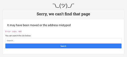 Image shows a webpage with text "Sorry, we can't find that page. It may have been moved or the address mistyped"