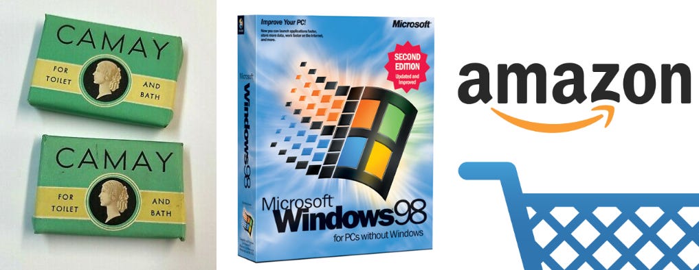 Imagem contém, à esquerda, dois Sabonetes Camay, um típico produto físico; no meio, uma caixa com CDs de instalação do Windows 98; à direita, um logotipo da Amazon, com um ícone recortado de um carrinho de supermercado.