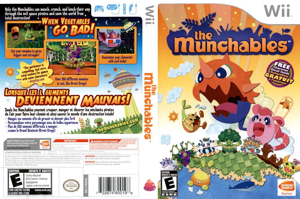 The back and front box art for The Munchables, which features both protagonists as they try to swallow some enemies whole, as well as some of the game's bosses and the logo.