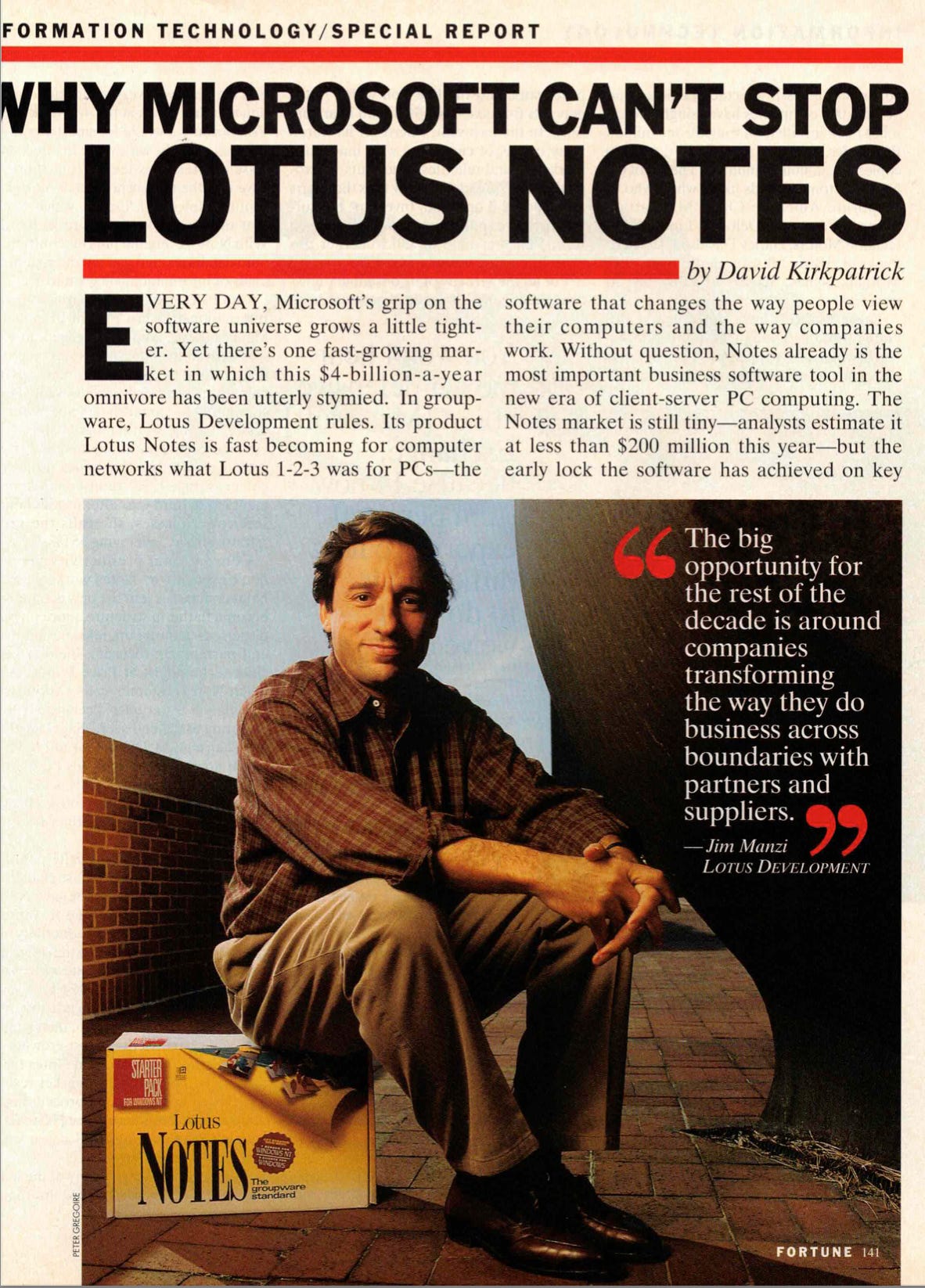 Page from magazine article. Photo of Lotus CEO Jim Manzi sitting on a box of Lotus Notes (big box!) with the title of the story "Why Can't Microsoft Stop Lotus Notes"