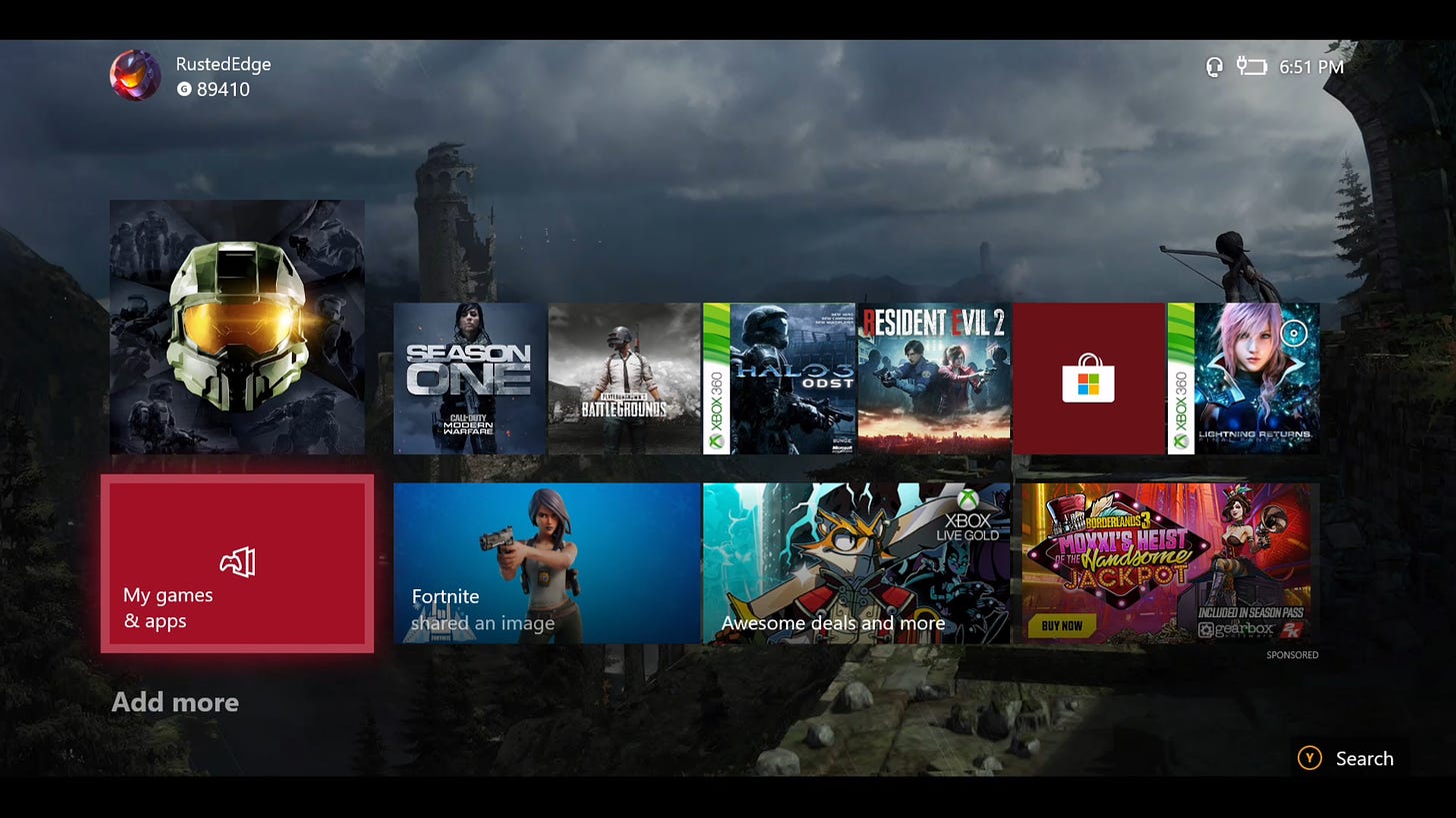 Tela da dashboard do Xbox Series, onde podemos ver um anúncio lá no canto inferior direito.