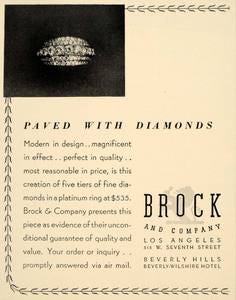1937 Ad Brock Jewelry Company Los Angeles Ring Diamond - ORIGINAL FTT9