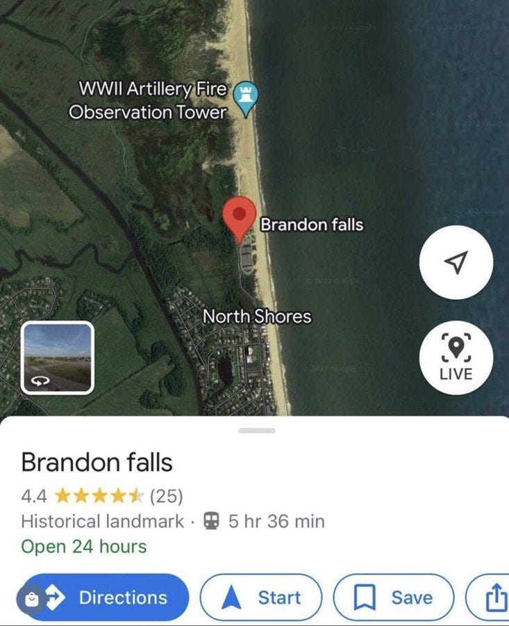 May be an image of outdoors and text that says 'WWII WWl ÛF Observation Tower Brandon falls North Shores LIVE Brandon falls 4.4 (25) Historical landmark Open 24 hours 5 hr 36 min Directions Start Save'