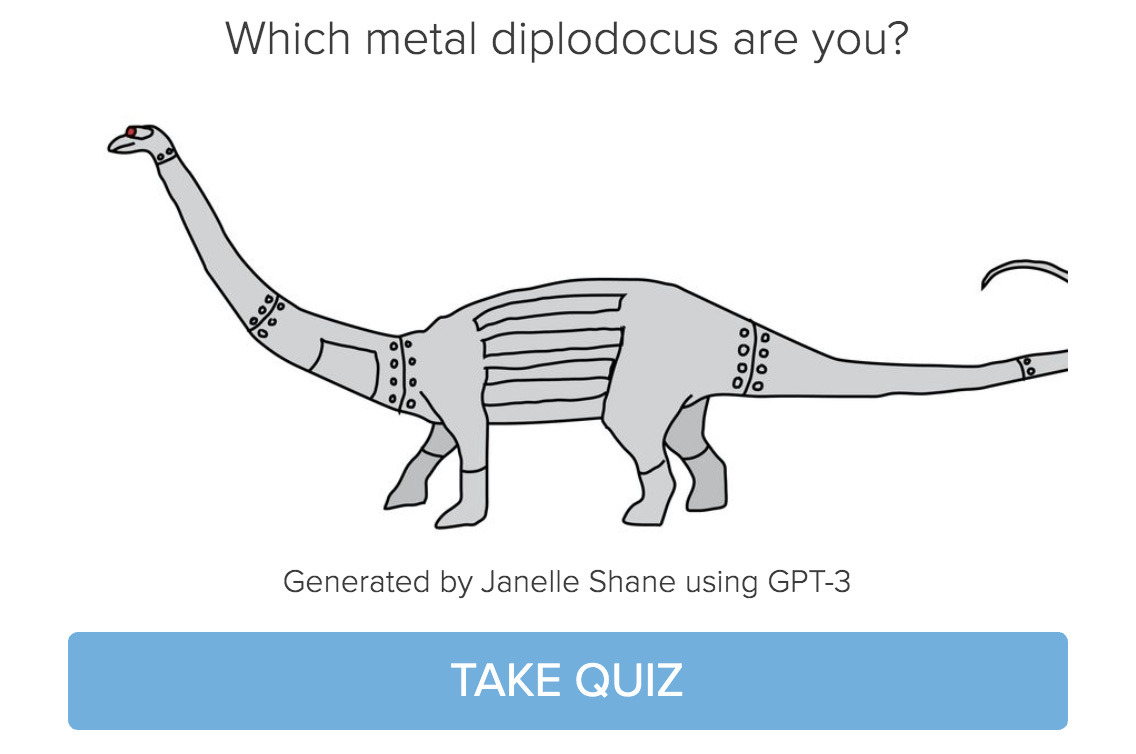 It's a drawing of a robot diplodocus, the splash page of a personality quiz