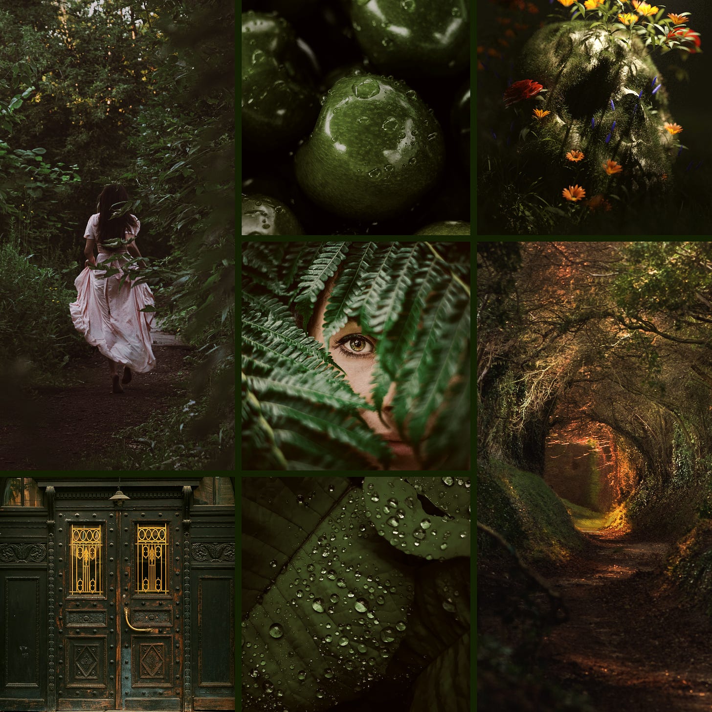 A young woman in a pale pink dress running away through the forest. A bunch of green apples. A skull with flowers growing out of it. A woman looking through fern leaves with only her eye and part of her face exposed. A metal door with gold detailing. A green leaf with water droplets on it. A path through trees that have grown over into the shape of a tunnel.