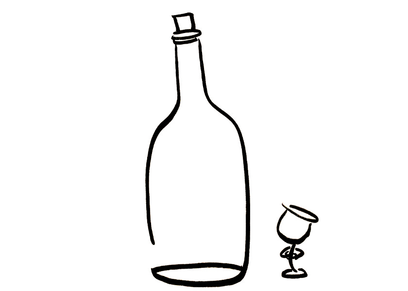 A tiny anthropomorphic wine glass looks up a very large bottle