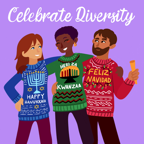 three people standing together with a banner above them that says "celebrate diversity" one person is wearing a Hanukkah sweater, another Kwanzaa, and the third Feliz Navidad