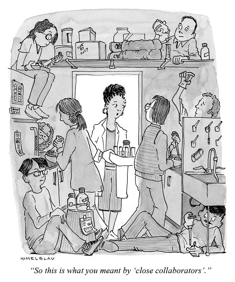 cartoon of people working in a very crowded laboratory
