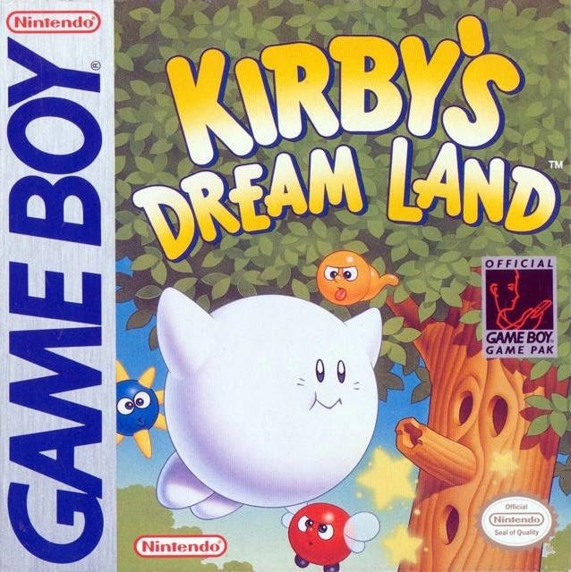 A screenshot of the box art for Kirby's Dream Land, which features an all-white Kirby who either has no shoes on, or matching white ones.