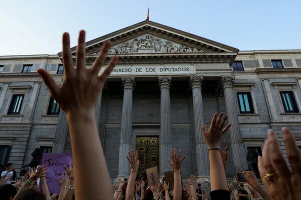 A demonstration in front of Spain’s Parliament in 2018 against the release on bail of five men who had raped a teenager.