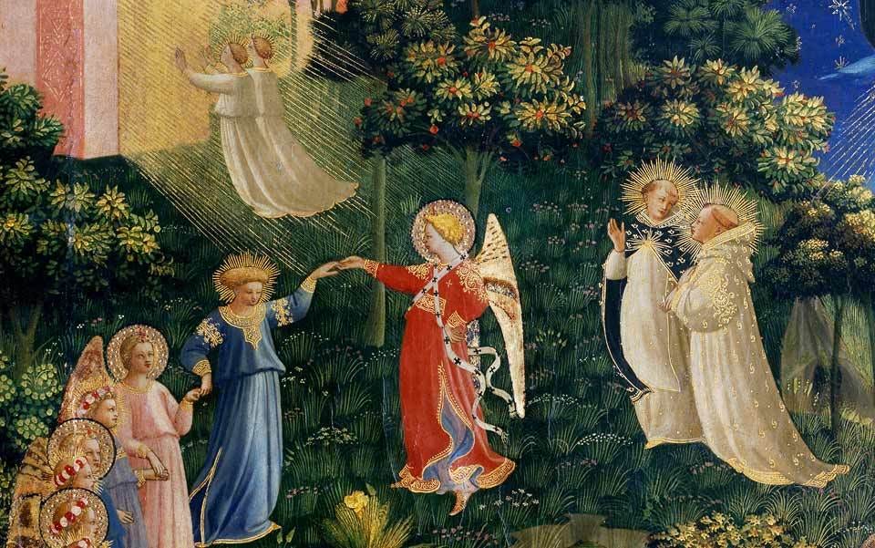 An angel dressed in red leads a figure in blue, head haloed by sun rays, towards an open, light-filled doorway, where two other white figures are already passing through. To the right, two light-blessed monks converse animatedly as they also journey towards the light.
