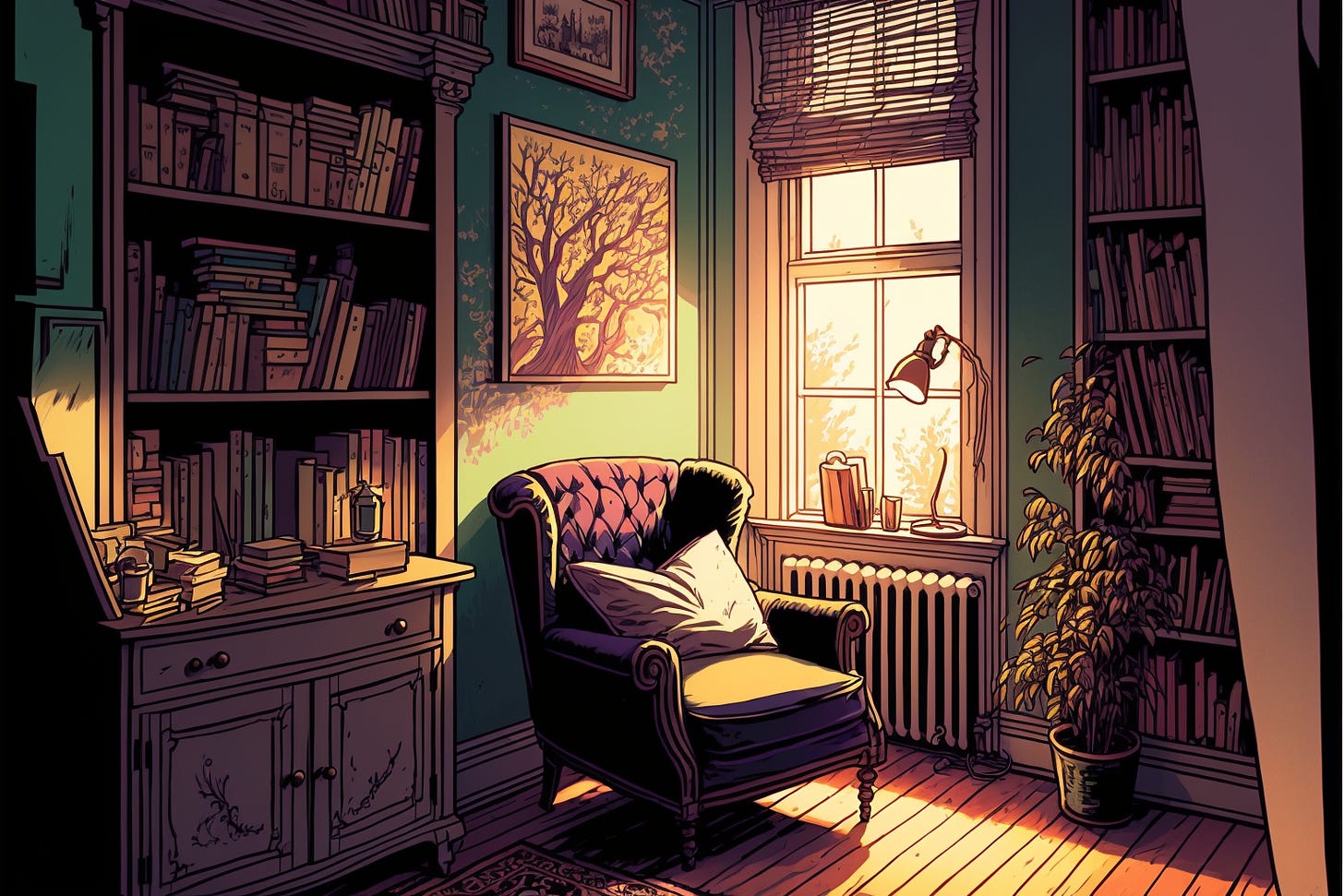 a reading chair in the corner of a cozy room with lots of bookshelves and light, graphic novel 