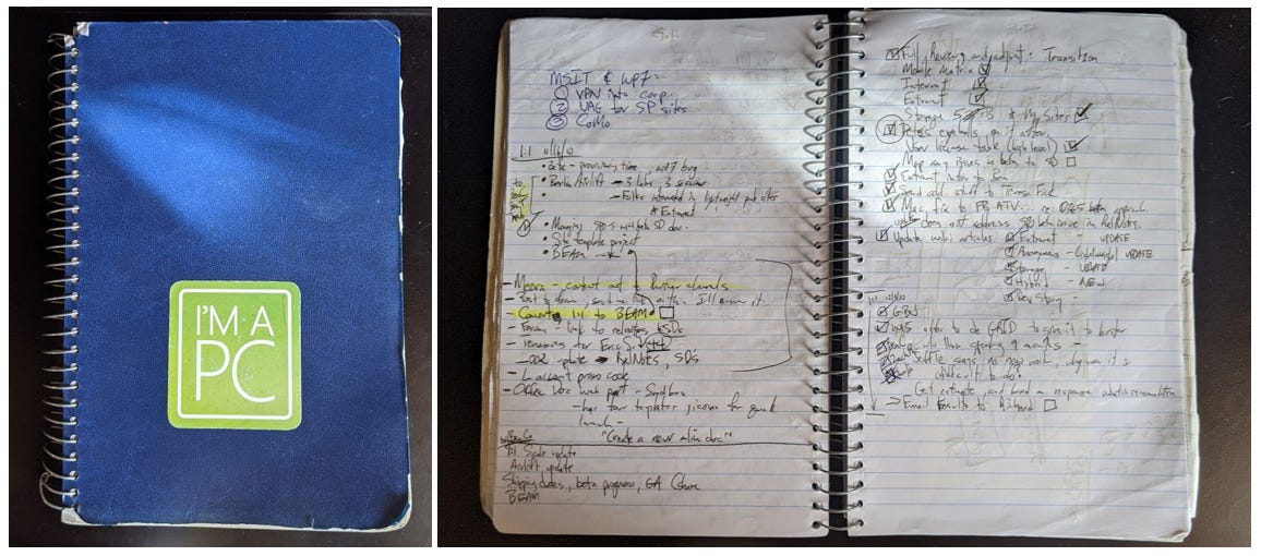 My old trusty physical notebook, on the left - closed, on the right opened to a page with entries from 2010.