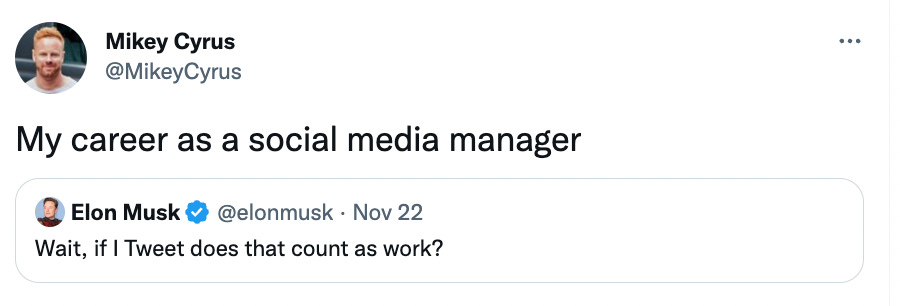 Quote tweet from @MikeyCyrus of Elon Musk's tweet saying "Wait, if I tweet does that count as work?"