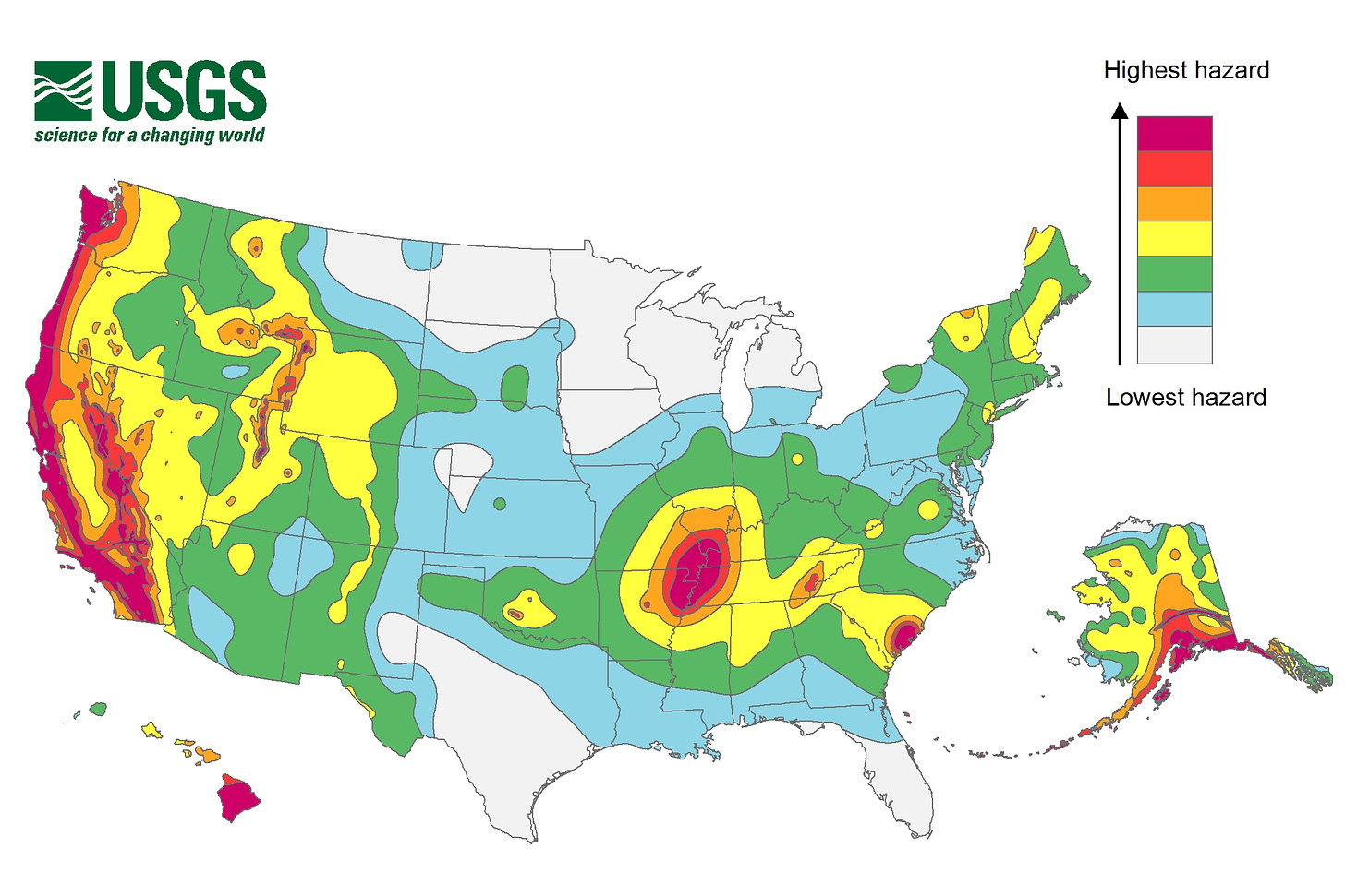 Earthquake hazard map from the USGS showing hotspots in the eastern US