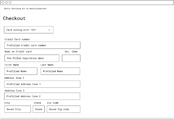 A sketch of the checkout page, where selecting a saved credit card automatically fills in the first name, last name, credit card number, address, and all the other relevant fields.
