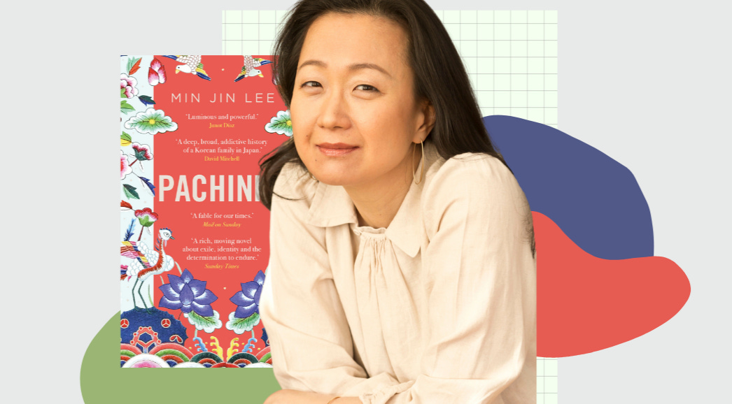 a college Pachinko book cover with a potrait photo of the author and green, coral, and indigo organic shapes in the background